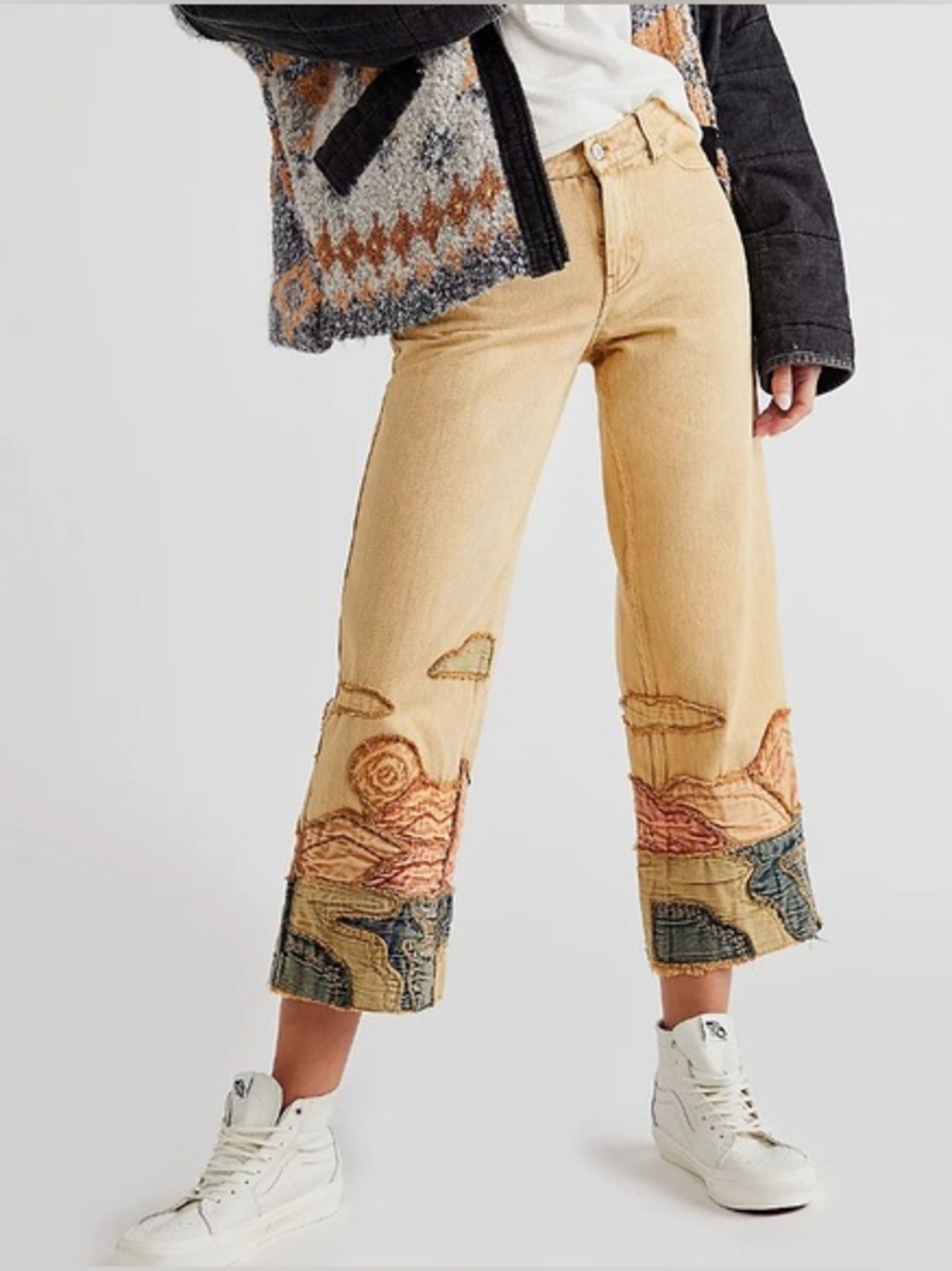 Free People We The Free Golden Vibes Jeans 30 Canyon Patchwork Embroidered Boho